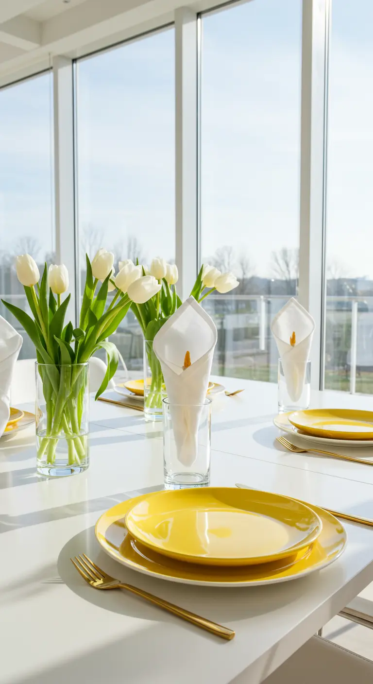 Table de brunch minimaliste avec des assiettes jaunes et des serviettes blanches pliées en arum.