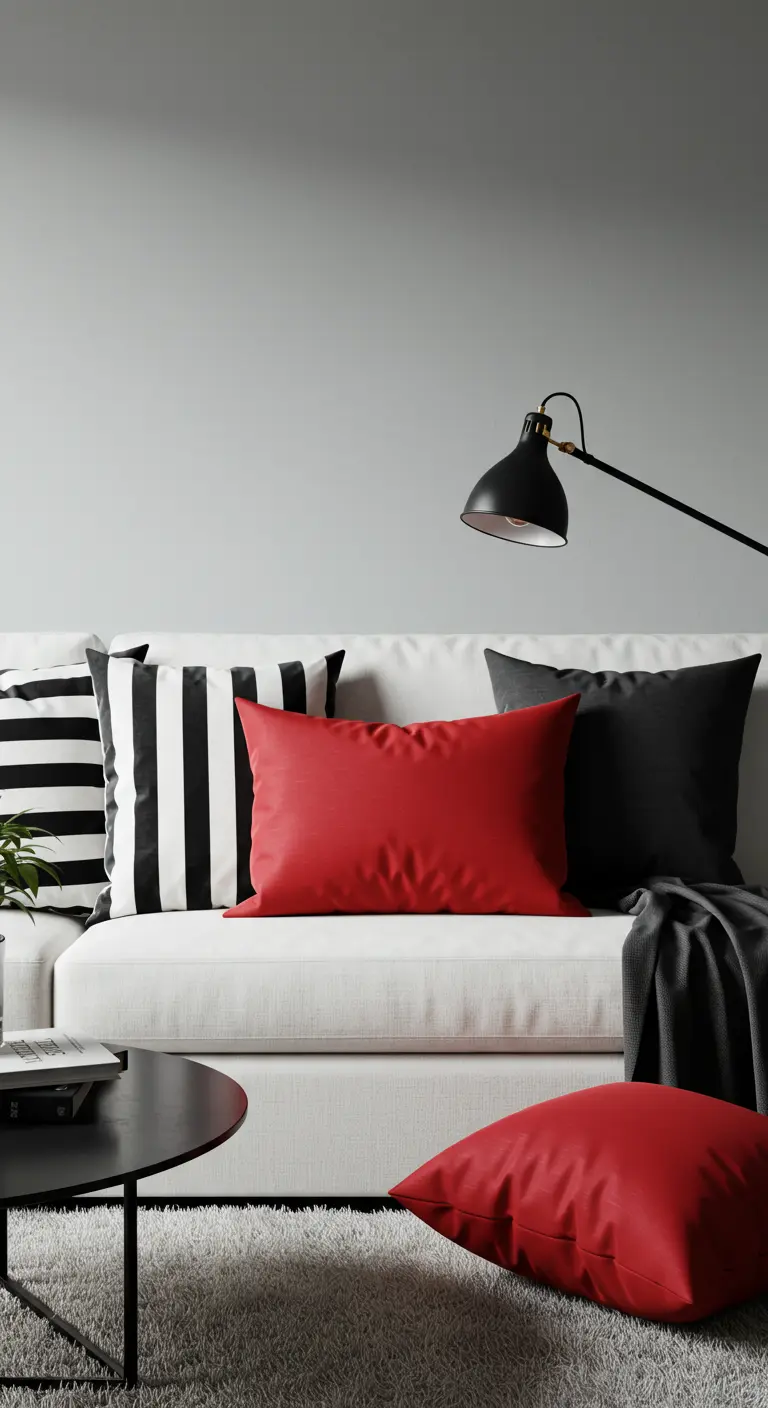 Canapé blanc avec des coussins à rayures noires et blanches et un coussin rouge.
