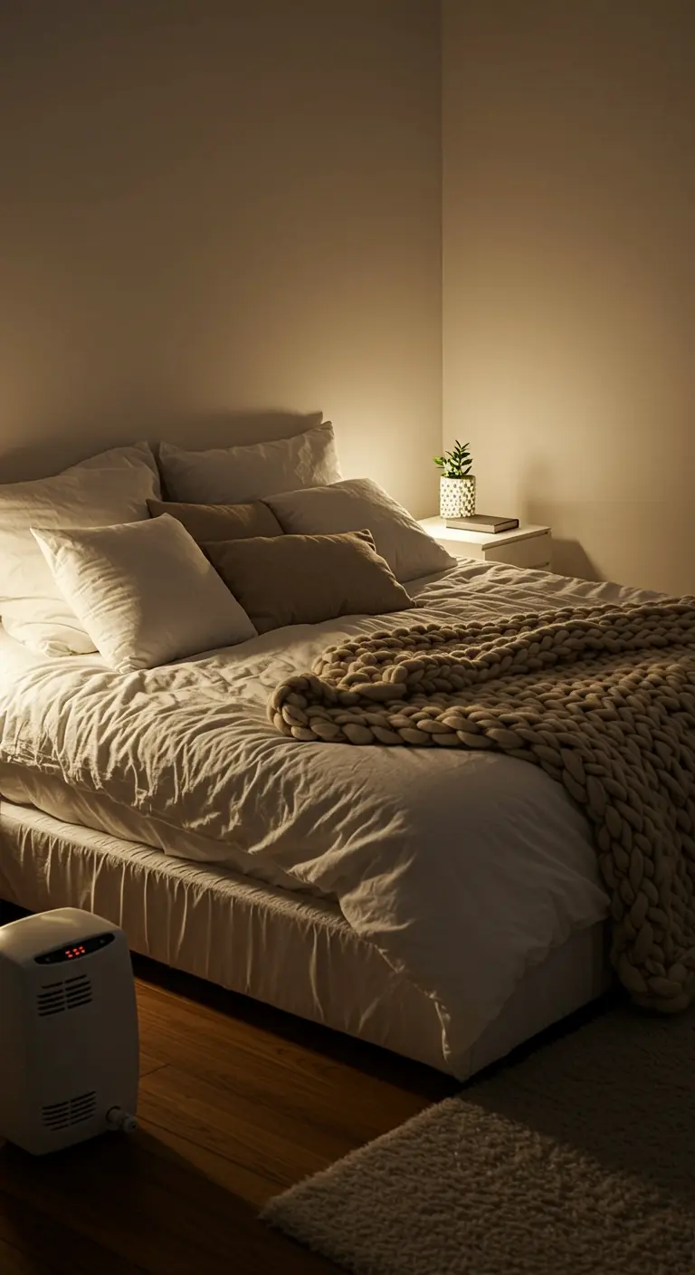 Lit douillet éclairé par une unique lampe de chevet dans une pièce sombre.