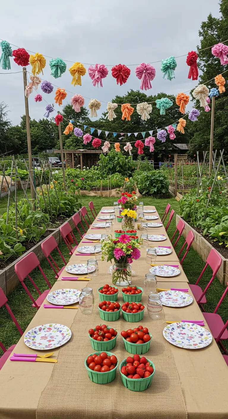 Table dans un potager décorée d'une guirlande de pompons en tissu colorés.