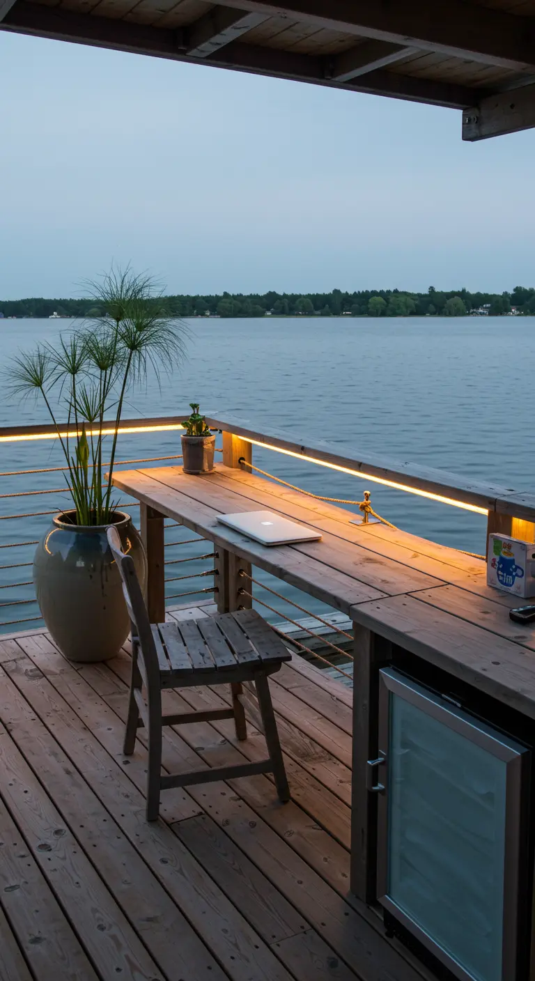 Bureau d'extérieur sur ponton en bois avec vue sur lac, éclairage LED intégré et mini-réfrigérateur.