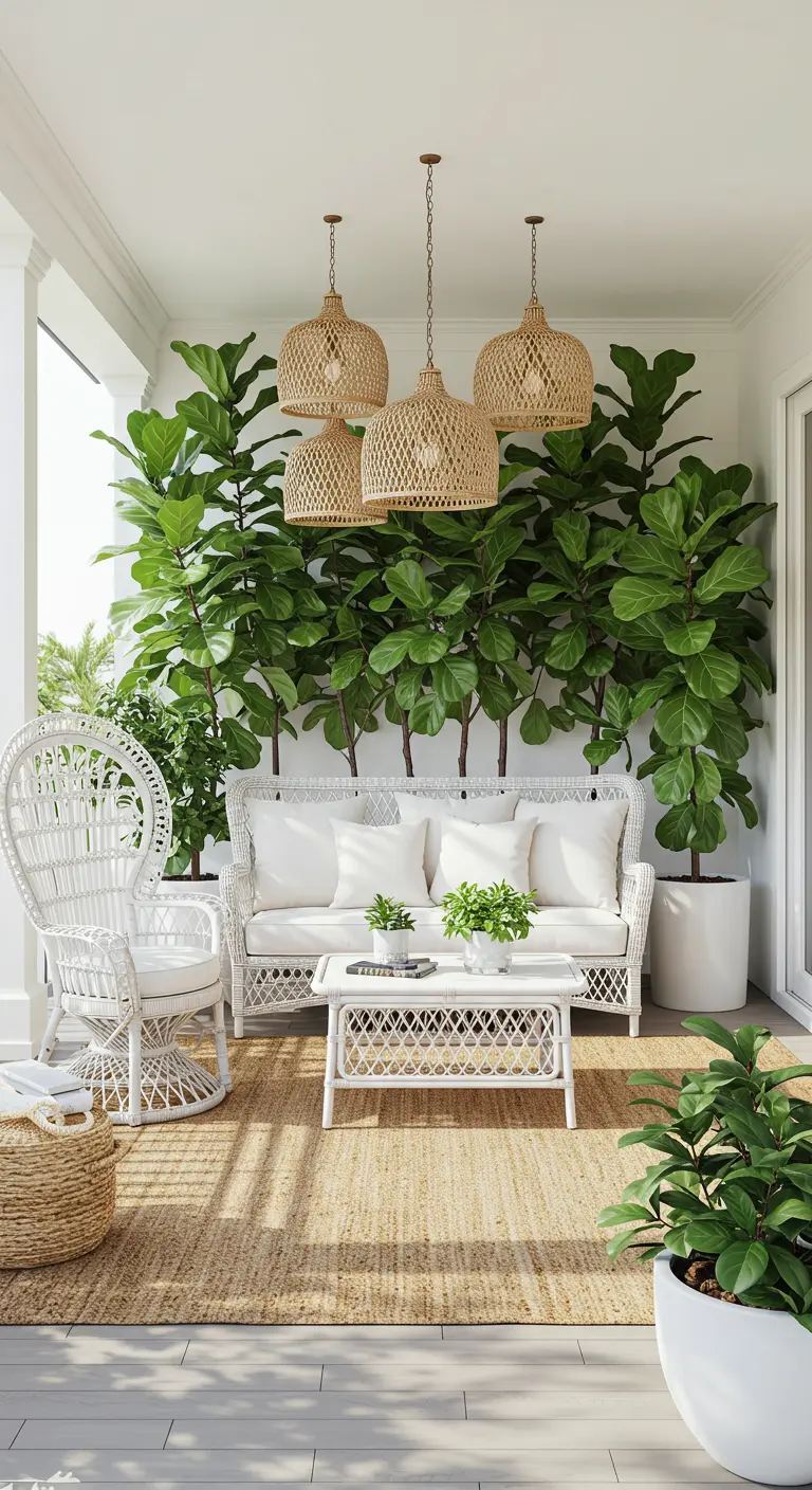Salon de jardin en rotin blanc devant un mur de grands ficus lyrata en pots.