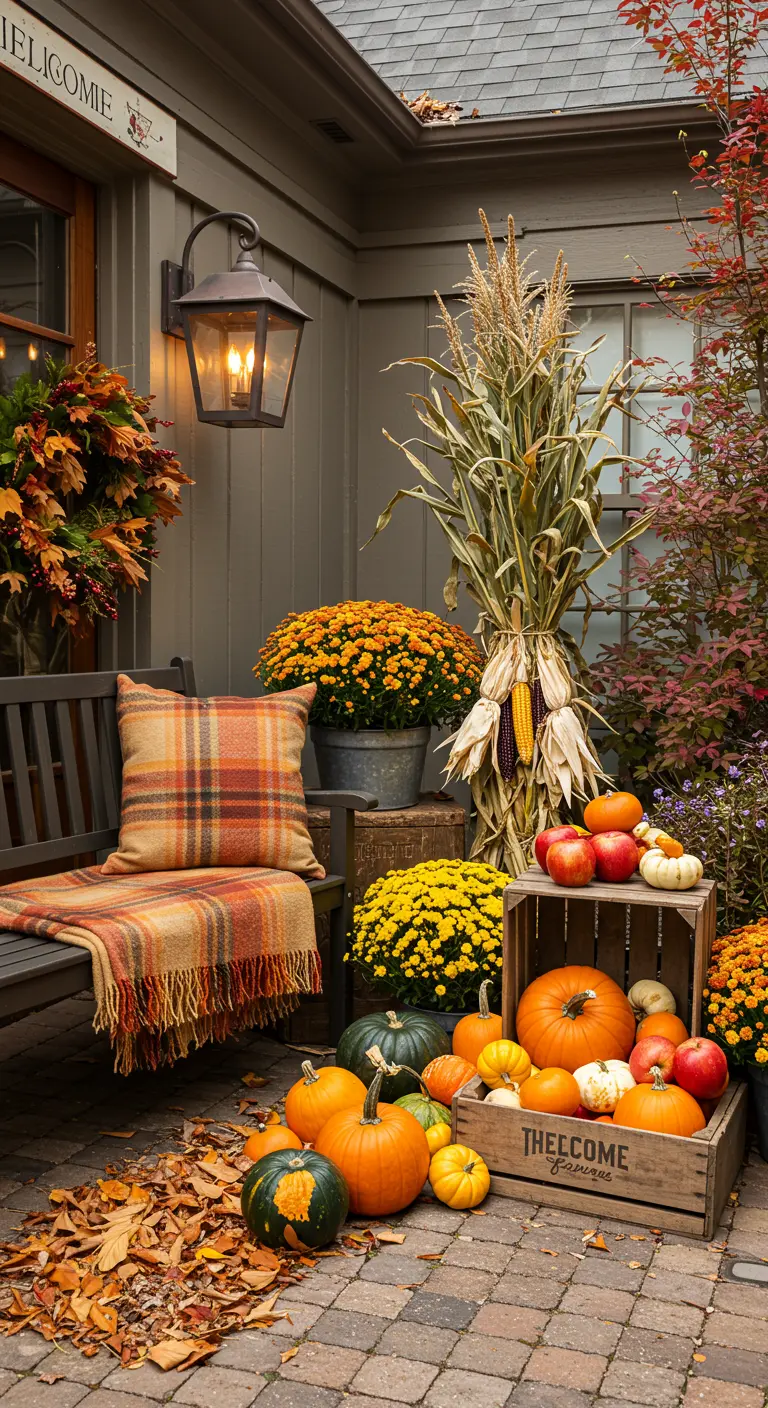 Banc sur un porche décoré pour l'automne avec des citrouilles, du maïs et des chrysanthèmes.