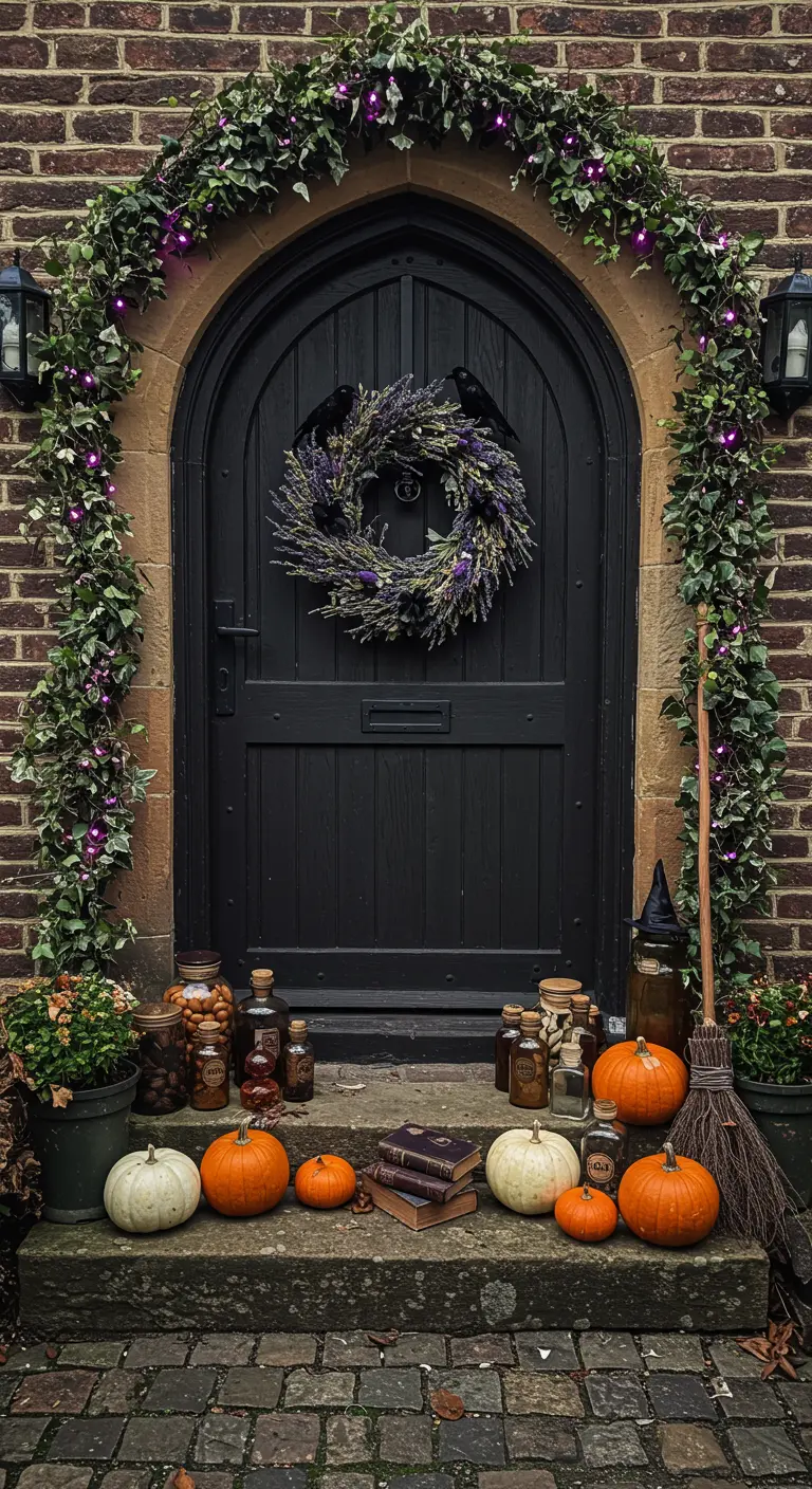 Porte gothique avec couronne de lavande et guirlande de lierre illuminée.