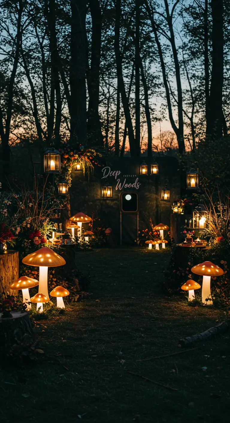 Entrée de fête nocturne dans un jardin, éclairée par des lampes champignons et des lanternes.