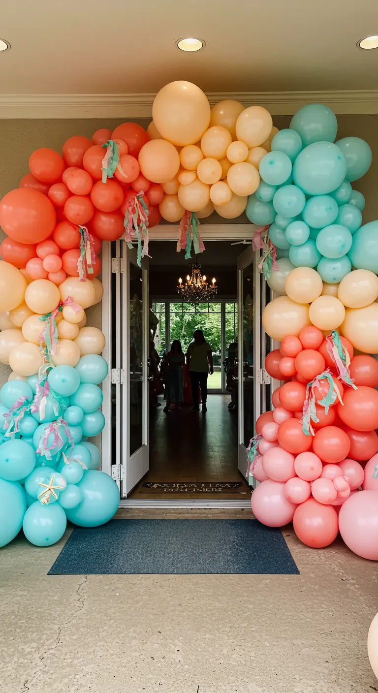 Une arche de ballons corail et turquoise encadrant une porte d'entrée.