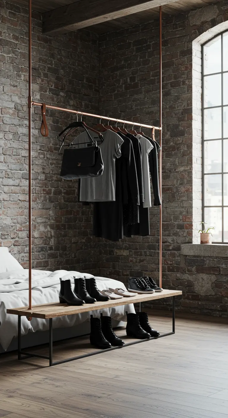 Portant à vêtements de style industriel en tuyaux de cuivre, sur fond de mur en briques.