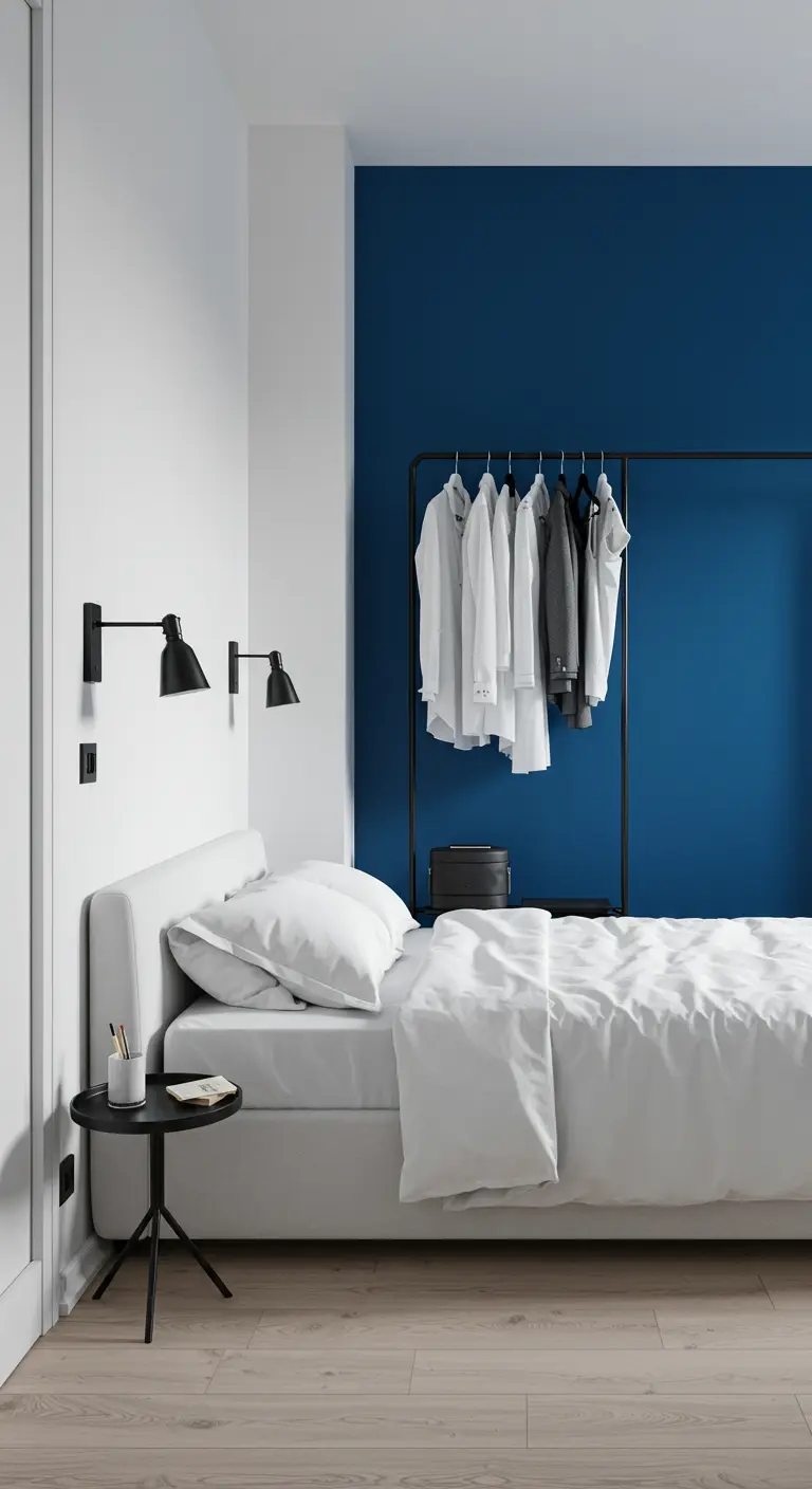 Chambre minimaliste avec un portant noir devant un mur bleu, lit blanc épuré.