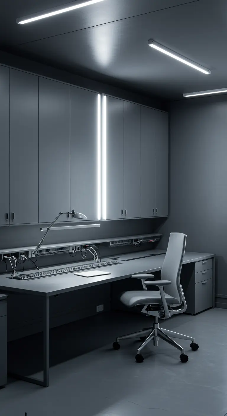 Bureau gris intégré avec rangements et éclairage par néons LED pour un look futuriste.