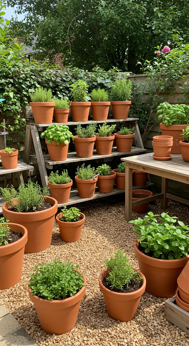 Potager d'herbes aromatiques dans des pots en terre cuite sur des étagères en bois