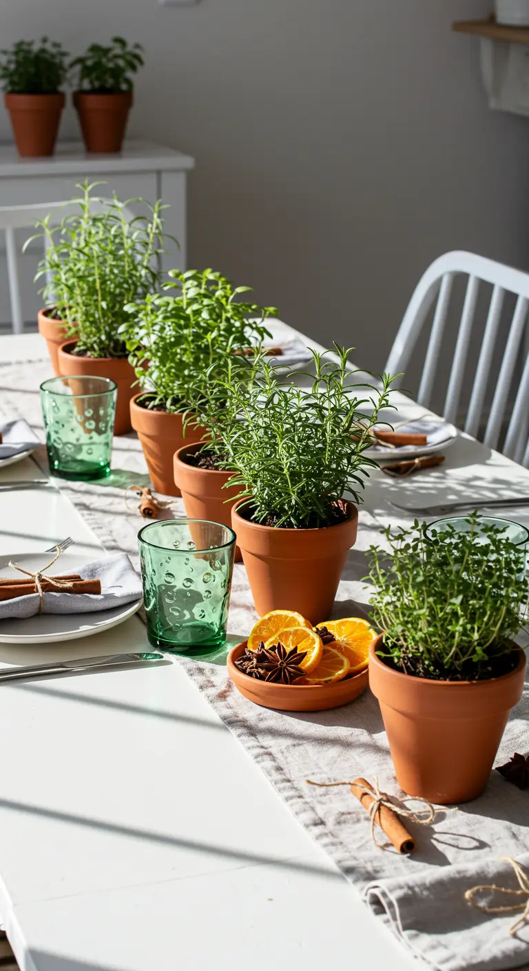Rangée de pots en terre cuite avec des herbes aromatiques comme centre de table sur une nappe blanche.