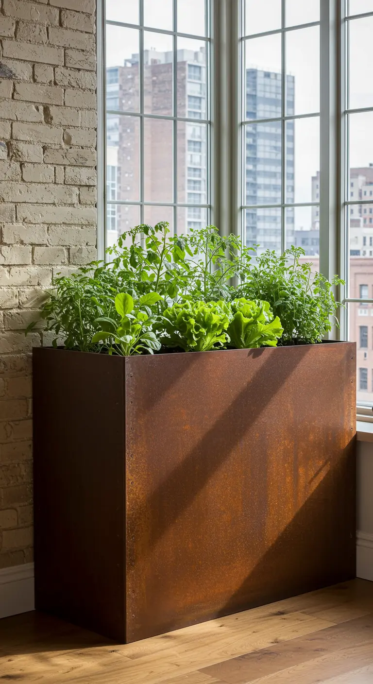 Une grande jardinière en acier Corten rouillé remplie de plants de laitue et de tomates.