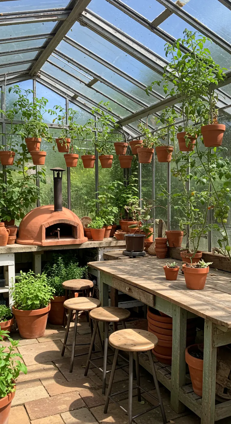 Four à pizza et table en bois à l'intérieur d'une serre remplie de plants de tomates.