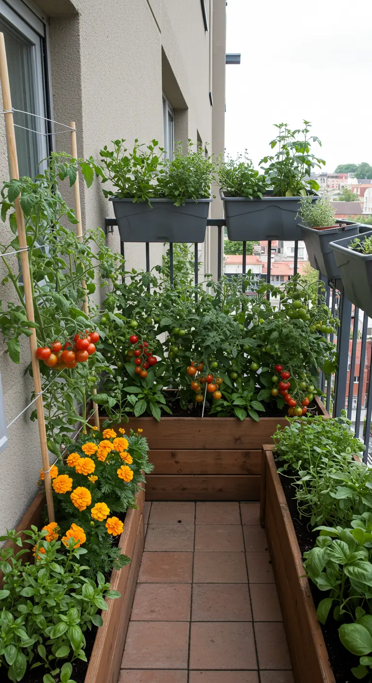 Potager sur balcon avec des plants de tomates et des soucis dans des jardinières en bois.