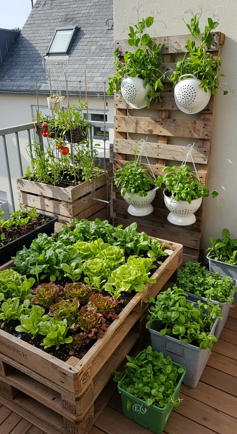 Potager sur balcon avec des laitues dans des caisses en bois et des pois sur une palette.