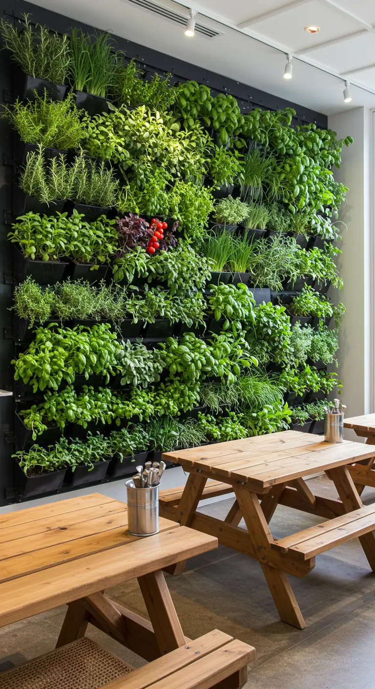 Grand mur végétal avec diverses herbes aromatiques et légumes dans un restaurant avec tables en bois.