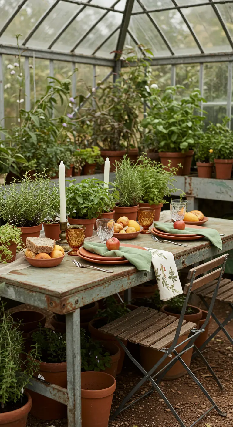Table rustique dans une serre, décorée avec de nombreux pots d'herbes aromatiques.