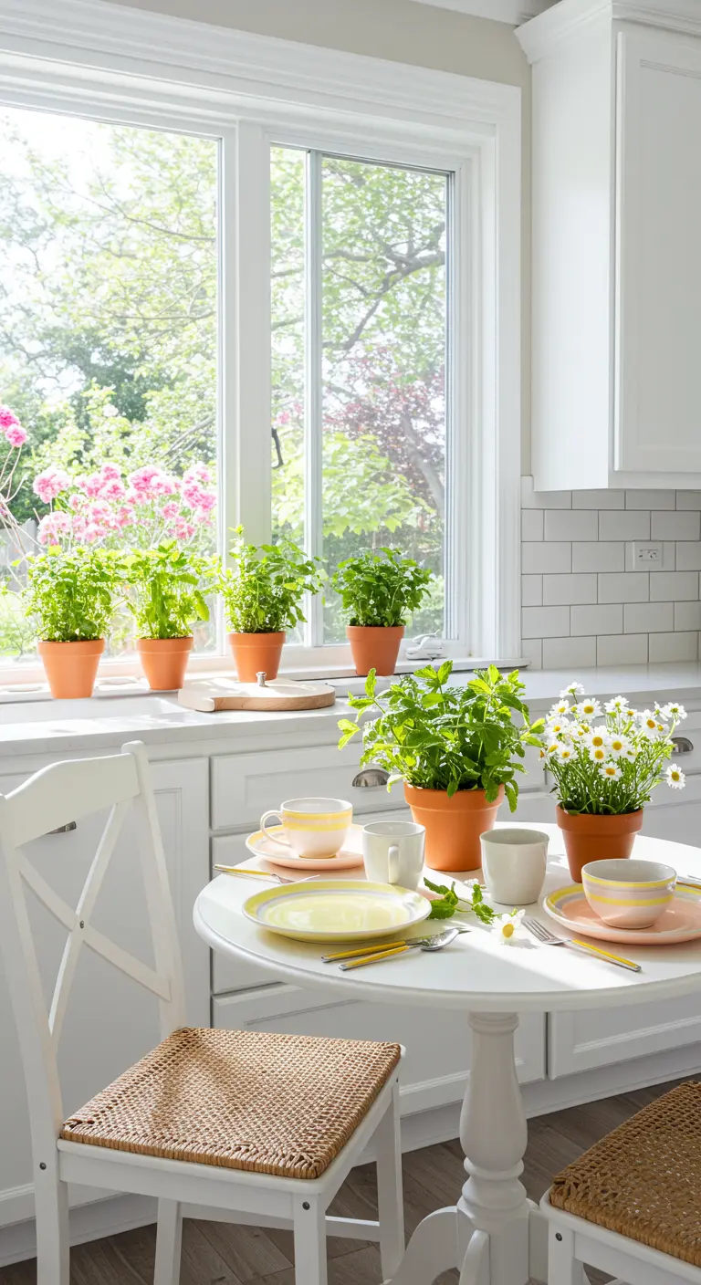 Rebord de fenêtre de cuisine avec des pots de basilic frais et de marguerites en fleurs.