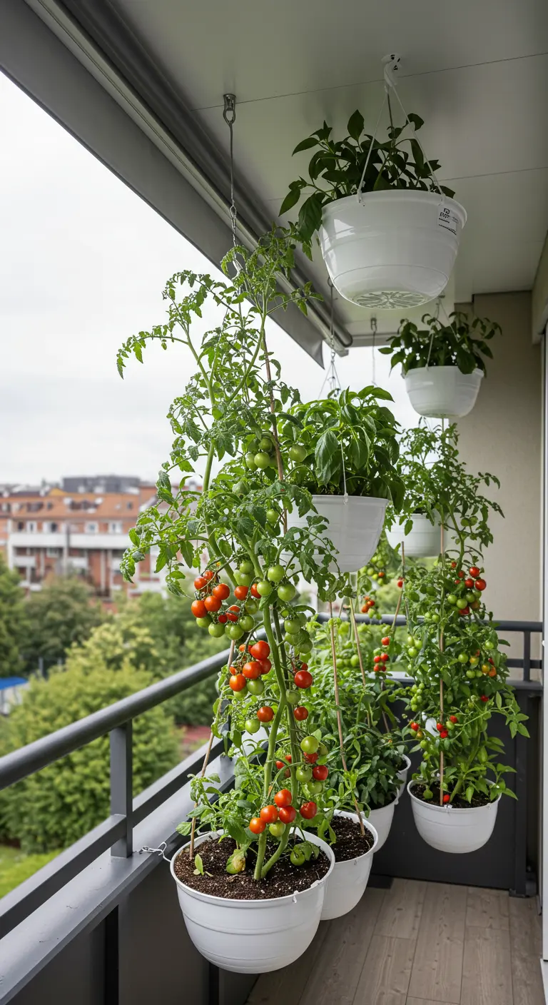 Plants de tomates cerises et herbes poussant dans des paniers suspendus sur un balcon.