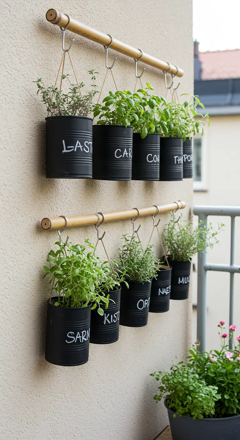 Jardin d'herbes aromatiques DIY dans des boîtes de conserve peintes en noir et suspendues.