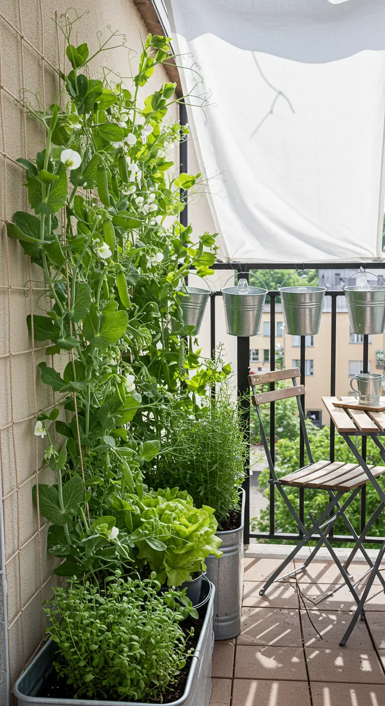 Petit potager sur un balcon avec des pois grimpants et des herbes aromatiques.