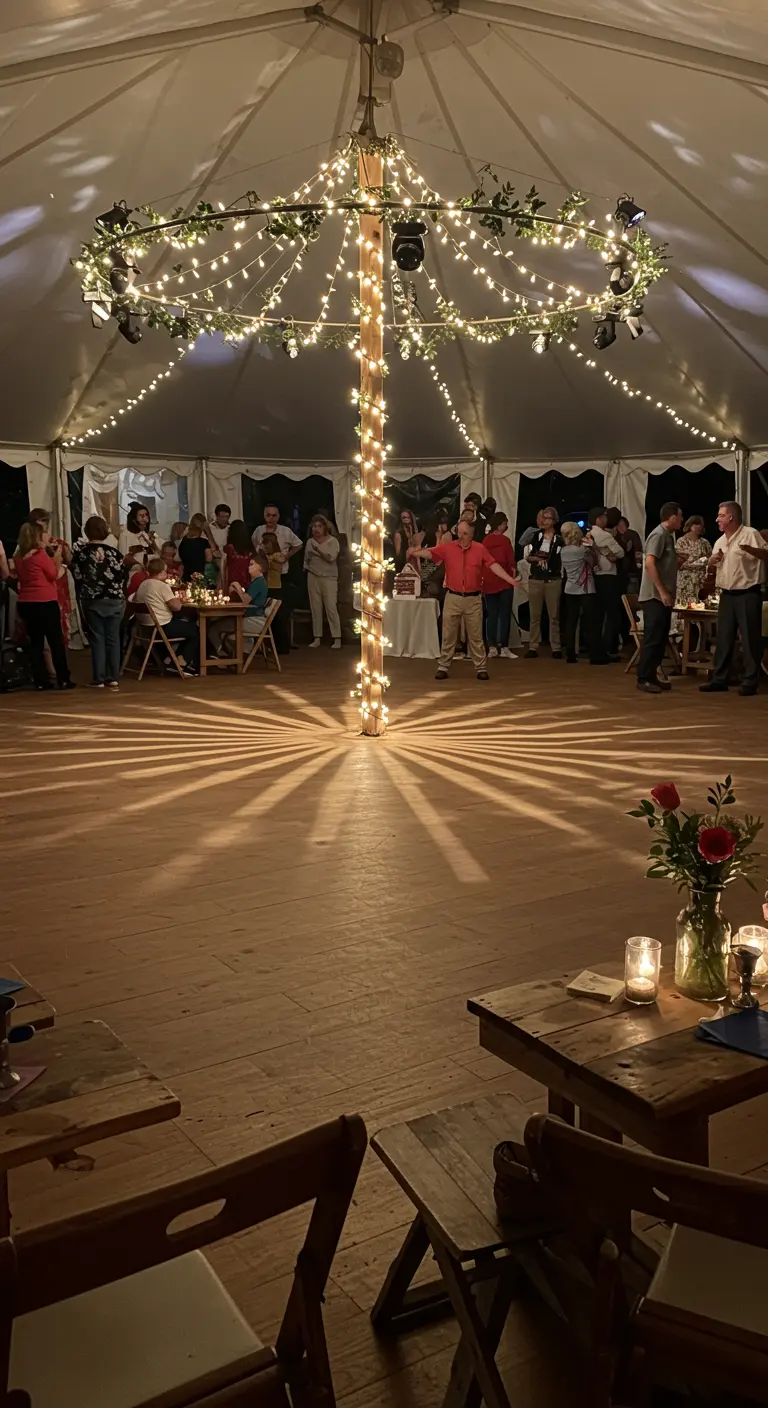 Piste de danse sous une tente, avec un poteau central illuminé.
