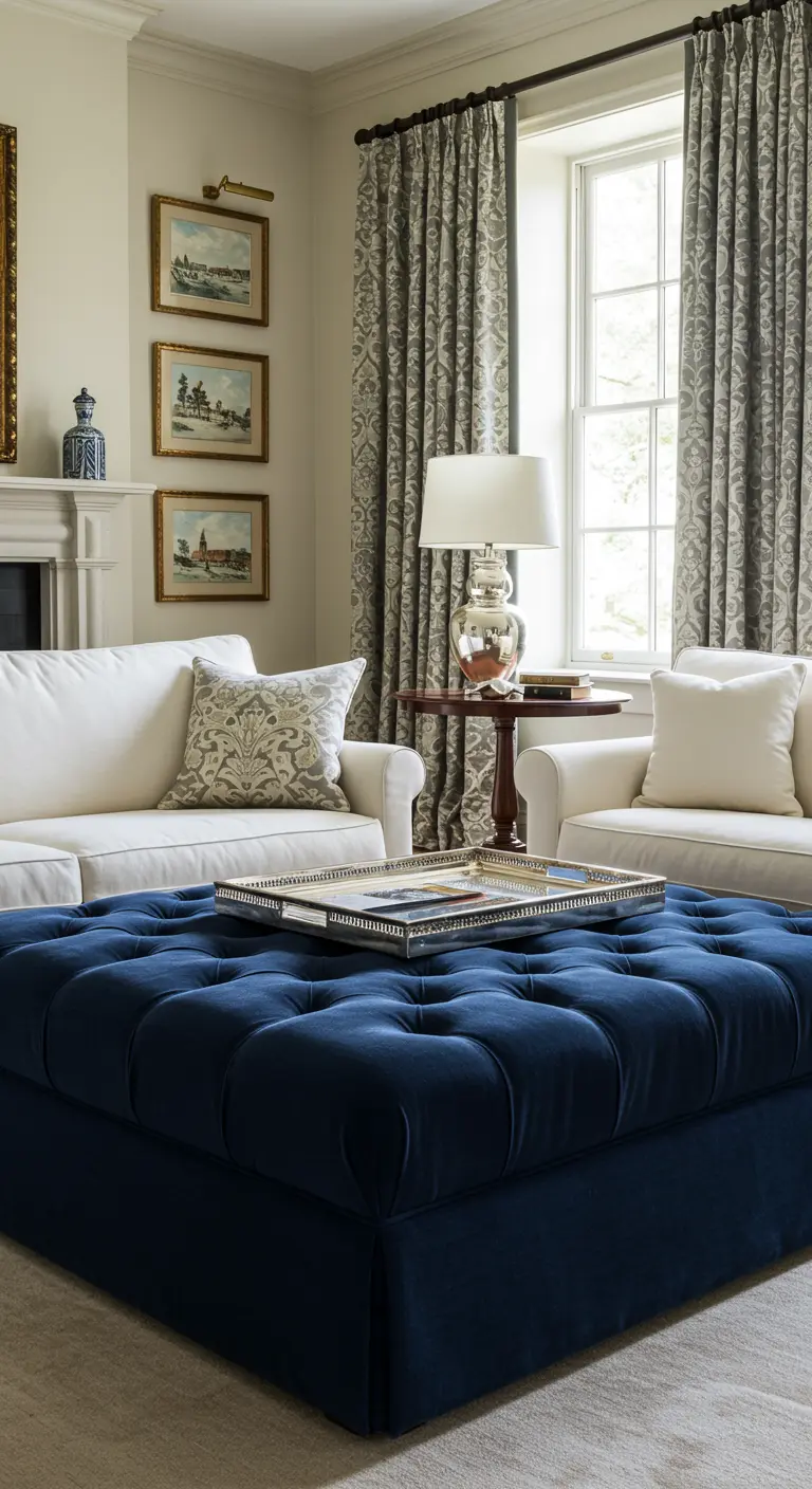 Grand pouf ottoman carré en velours bleu marine capitonné, avec un plateau argenté posé dessus.