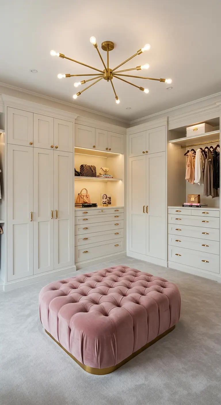 Dressing blanc avec lustre doré et grand pouf capitonné en velours rose.