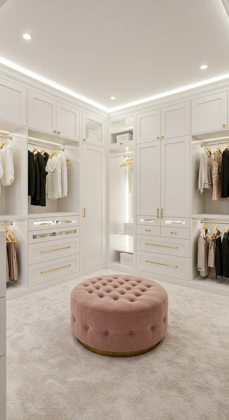 Dressing blanc épuré avec un grand pouf capitonné en velours rose au centre.