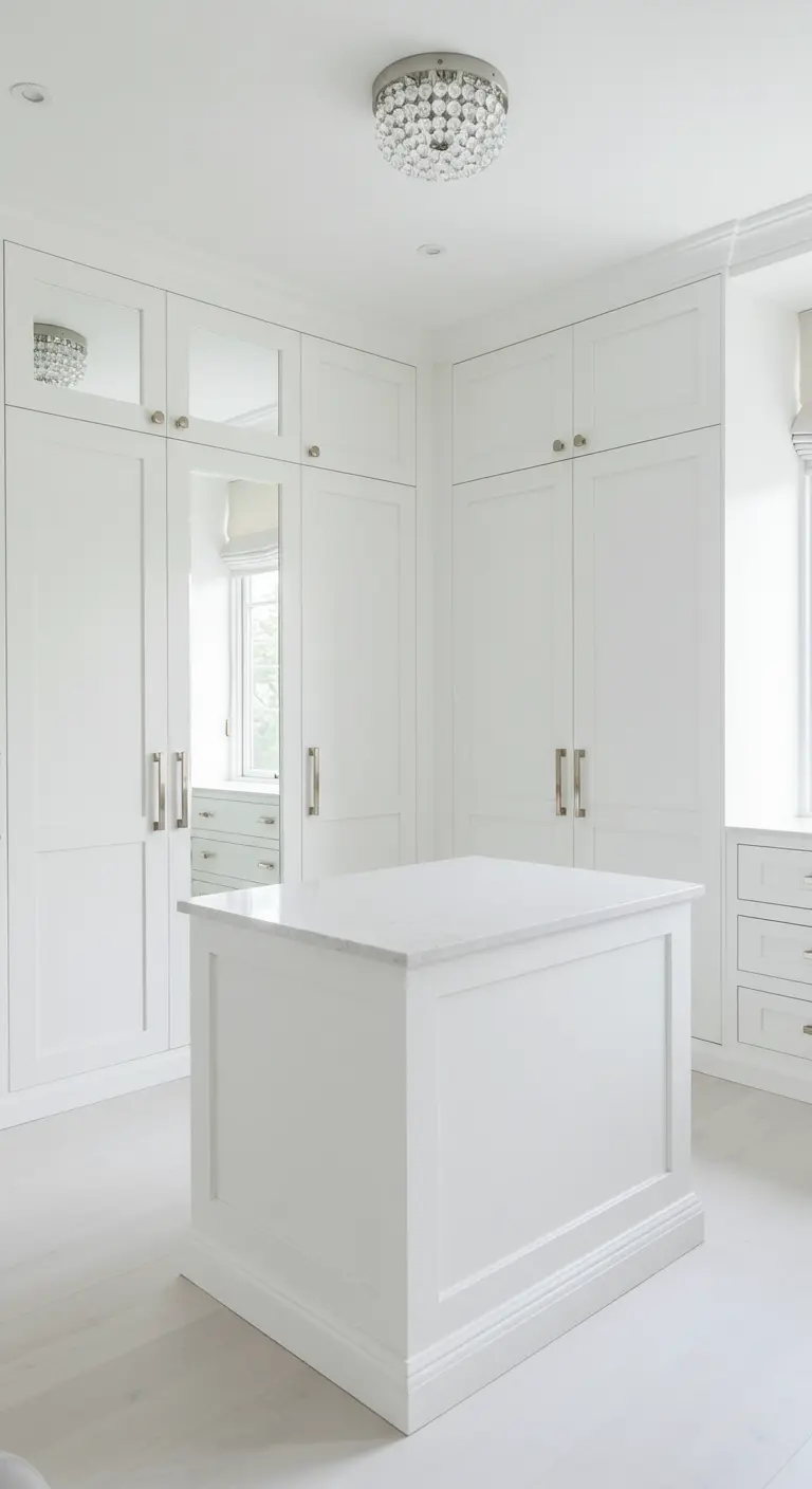 Dressing entièrement blanc avec îlot central et portes de placard en miroir.