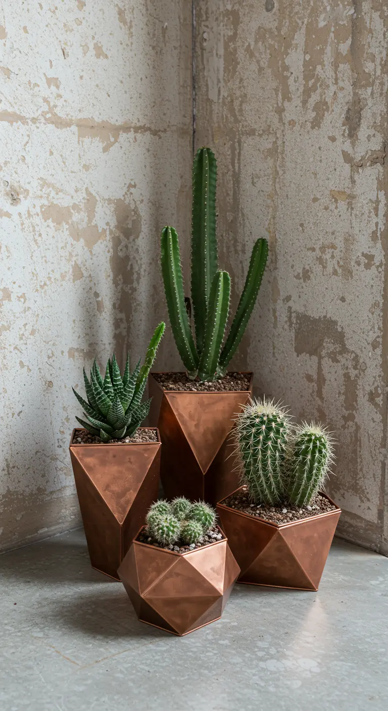 Collection de cactus et succulentes dans des pots en cuivre géométriques de différentes tailles.