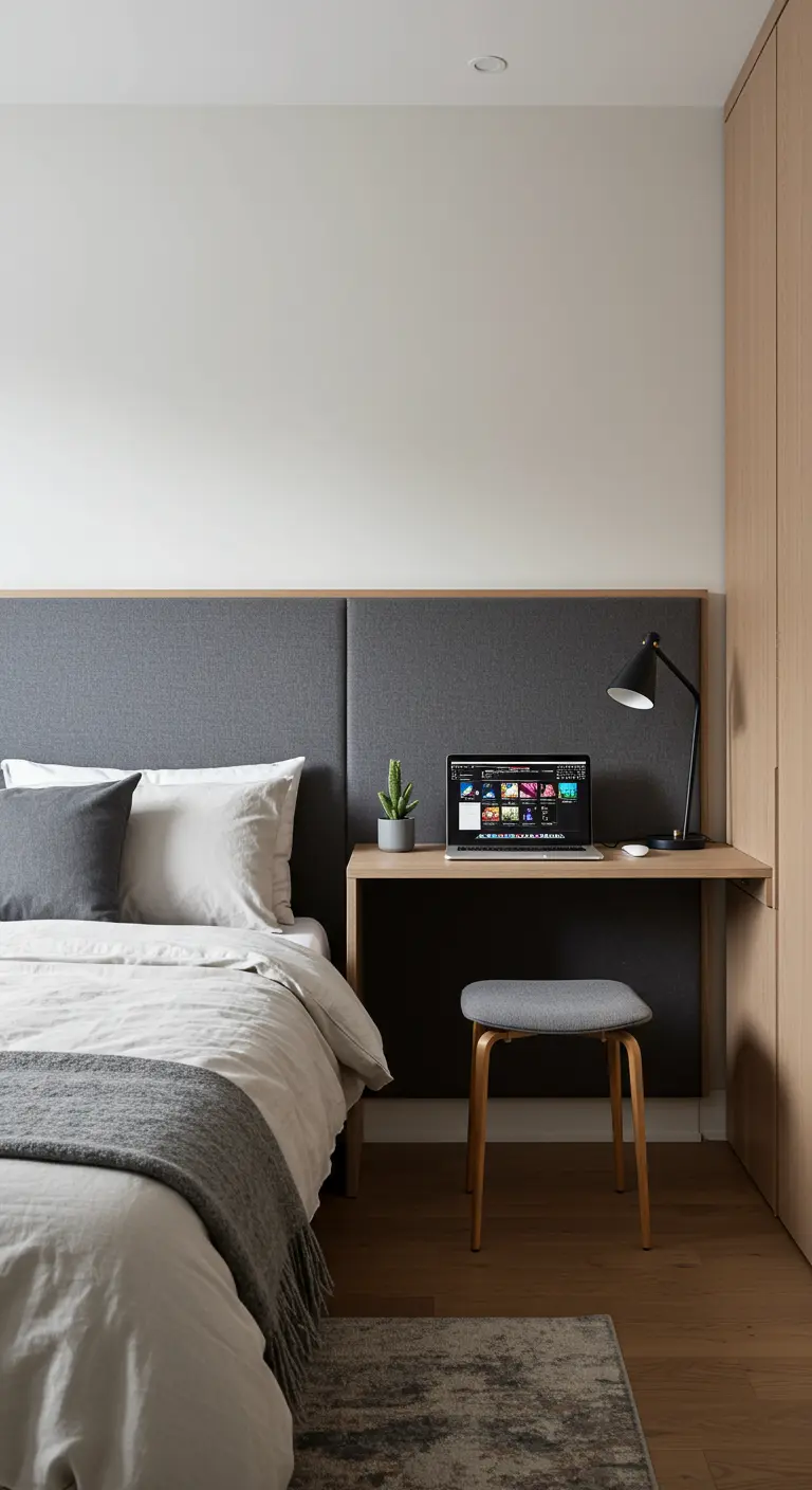Bureau intégré comme une extension d'une tête de lit grise en tissu.