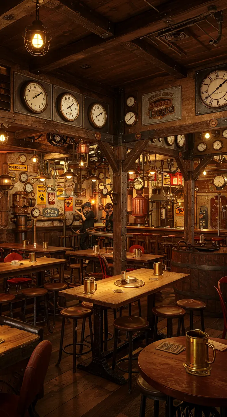 Intérieur de pub Steampunk avec de nombreuses horloges murales, tables en bois et chopes en laiton.