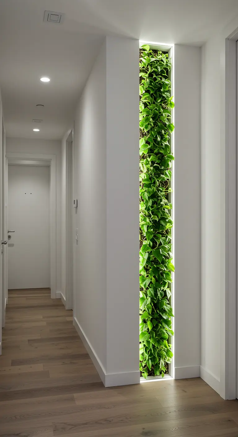 Une niche verticale encastrée dans un mur blanc, illuminée et remplie d'une cascade de Pothos.