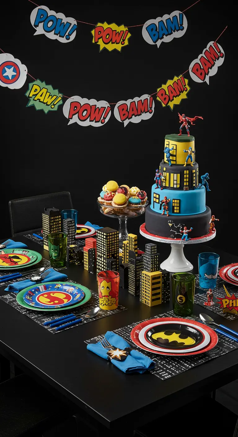 Table de super-héros avec gâteau building, guirlande 'Pow!' et assiettes à thème.