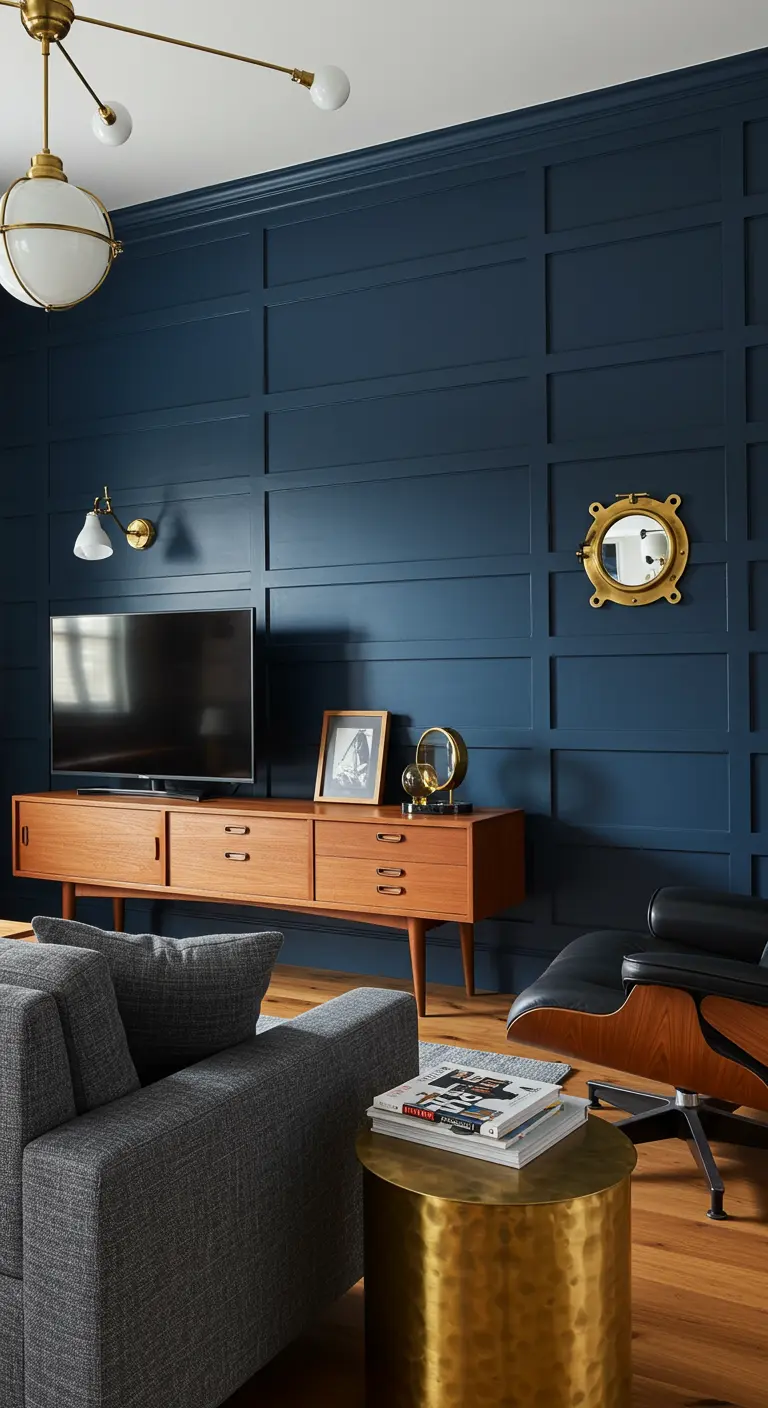 Mur d'accent bleu marine quadrillé, buffet en teck et fauteuil design.