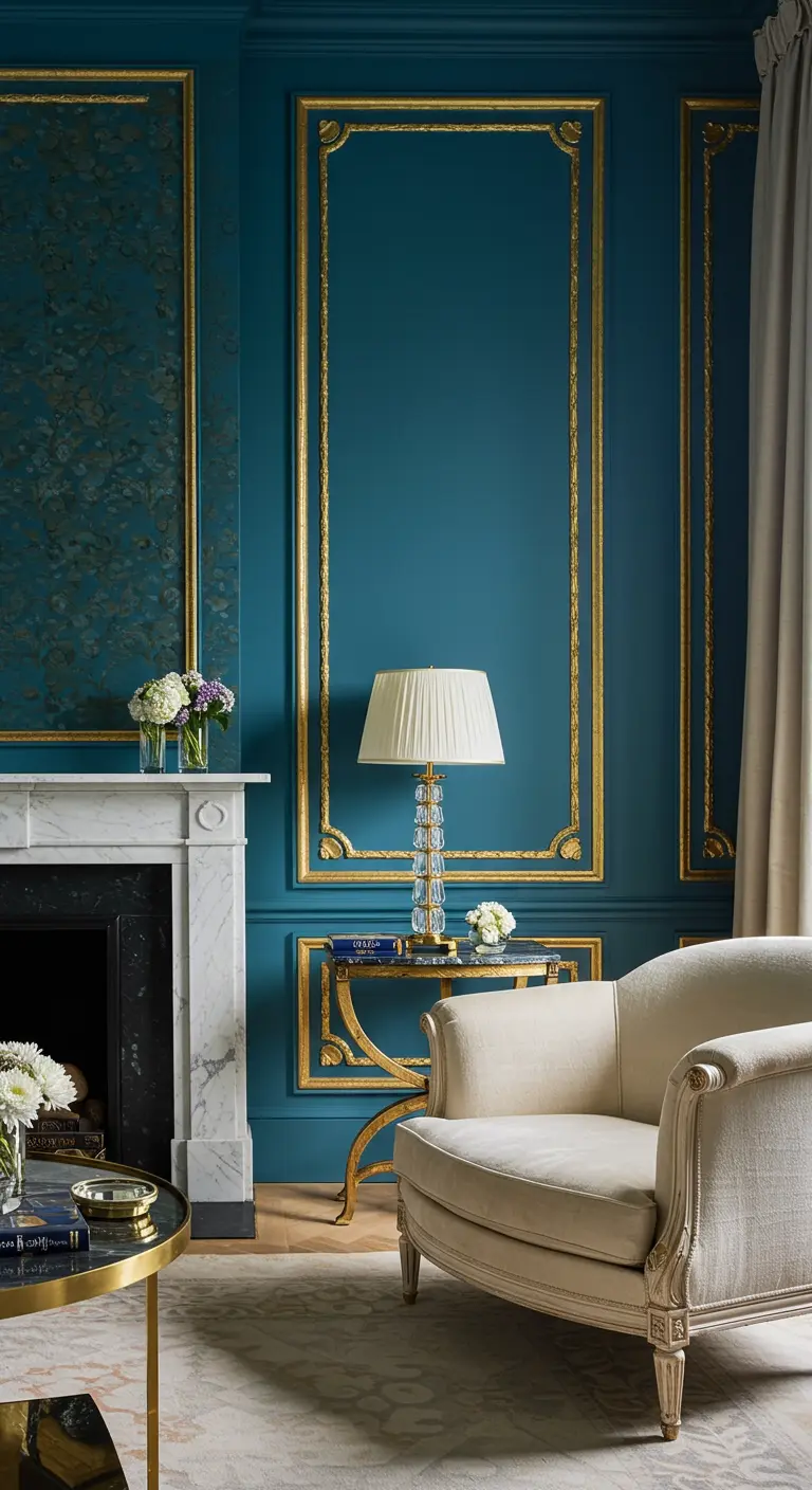 Mur bleu canard avec moulures à la feuille d'or et fauteuil crème.