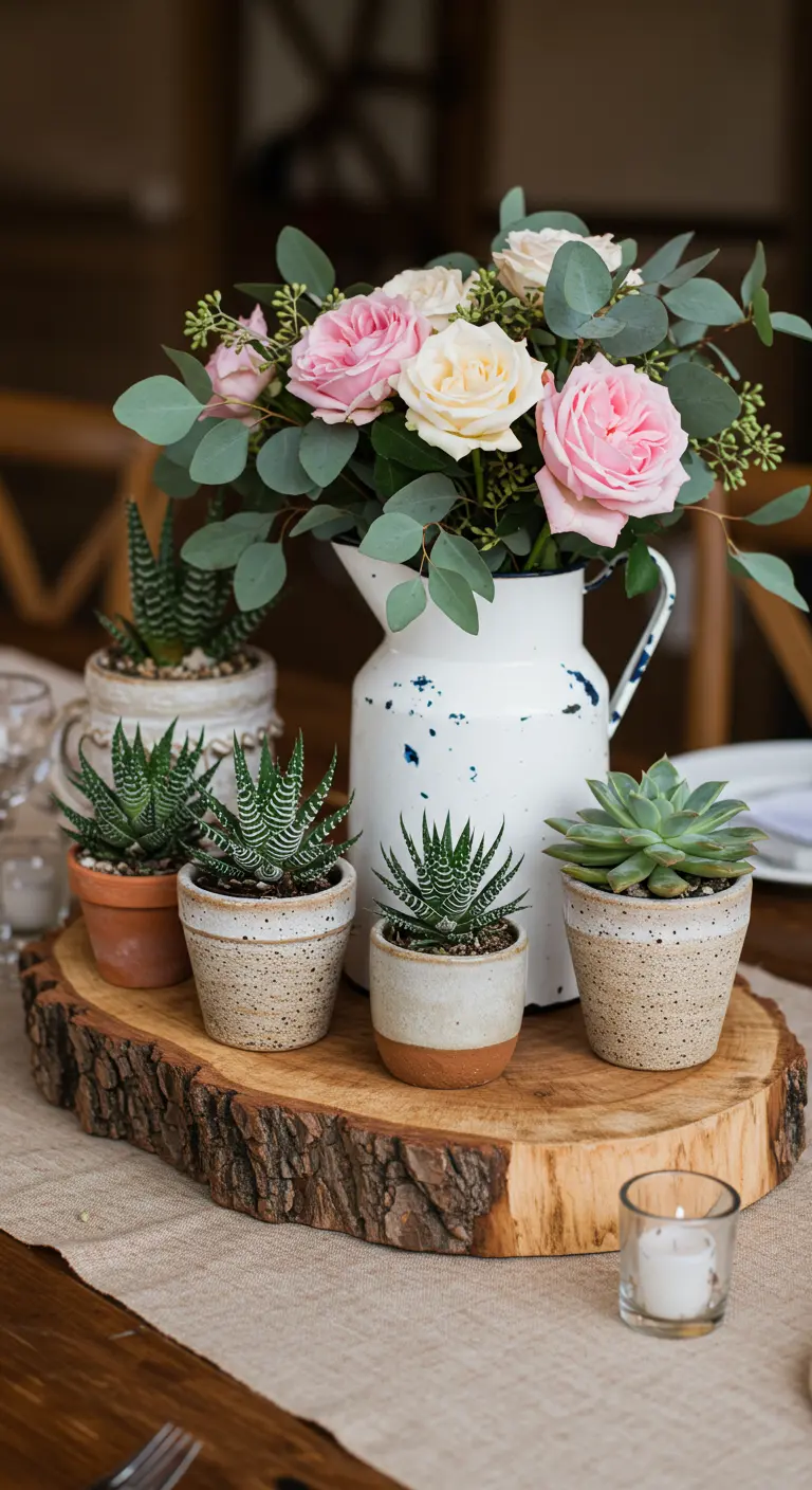 Pichet blanc avec des roses, entouré de petits pots de succulentes.
