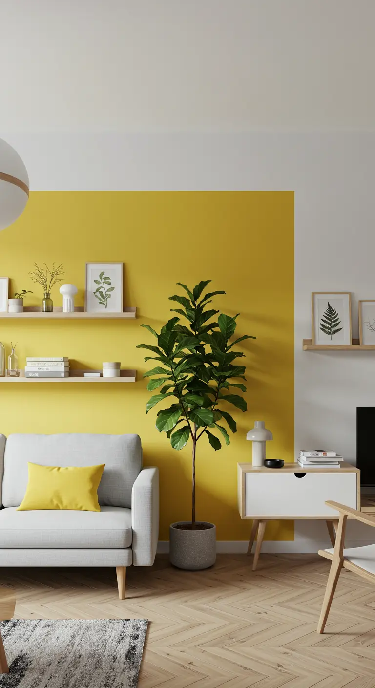Un mur blanc avec un grand rectangle jaune peint derrière un canapé gris et des étagères murales.