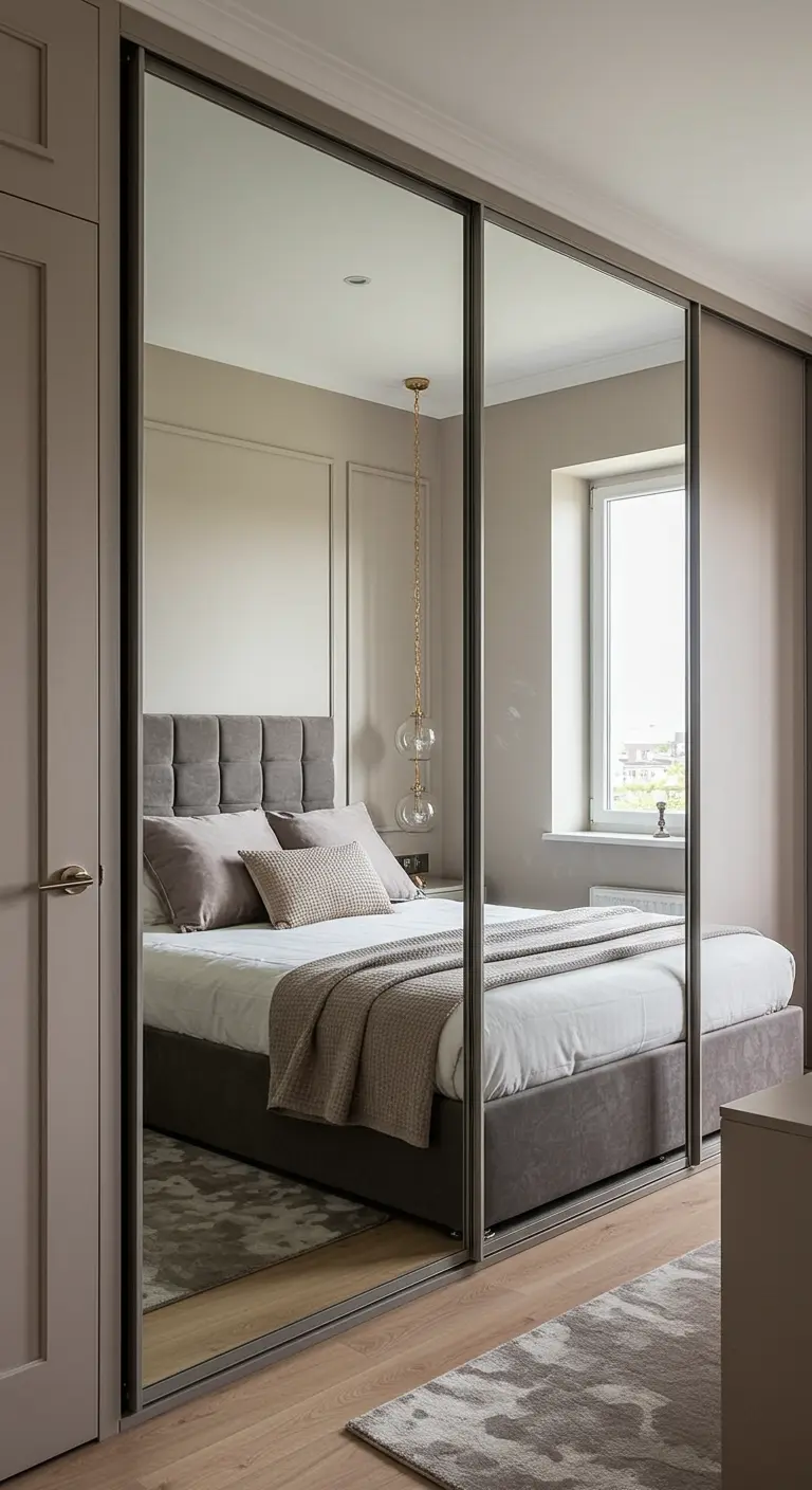 Armoire avec de grandes portes coulissantes en miroir reflétant un lit et une chambre.