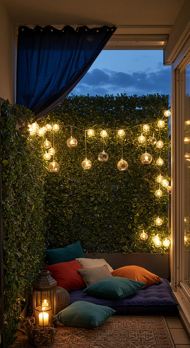 Coin lounge sur un balcon avec des coussins au sol et une guirlande lumineuse.