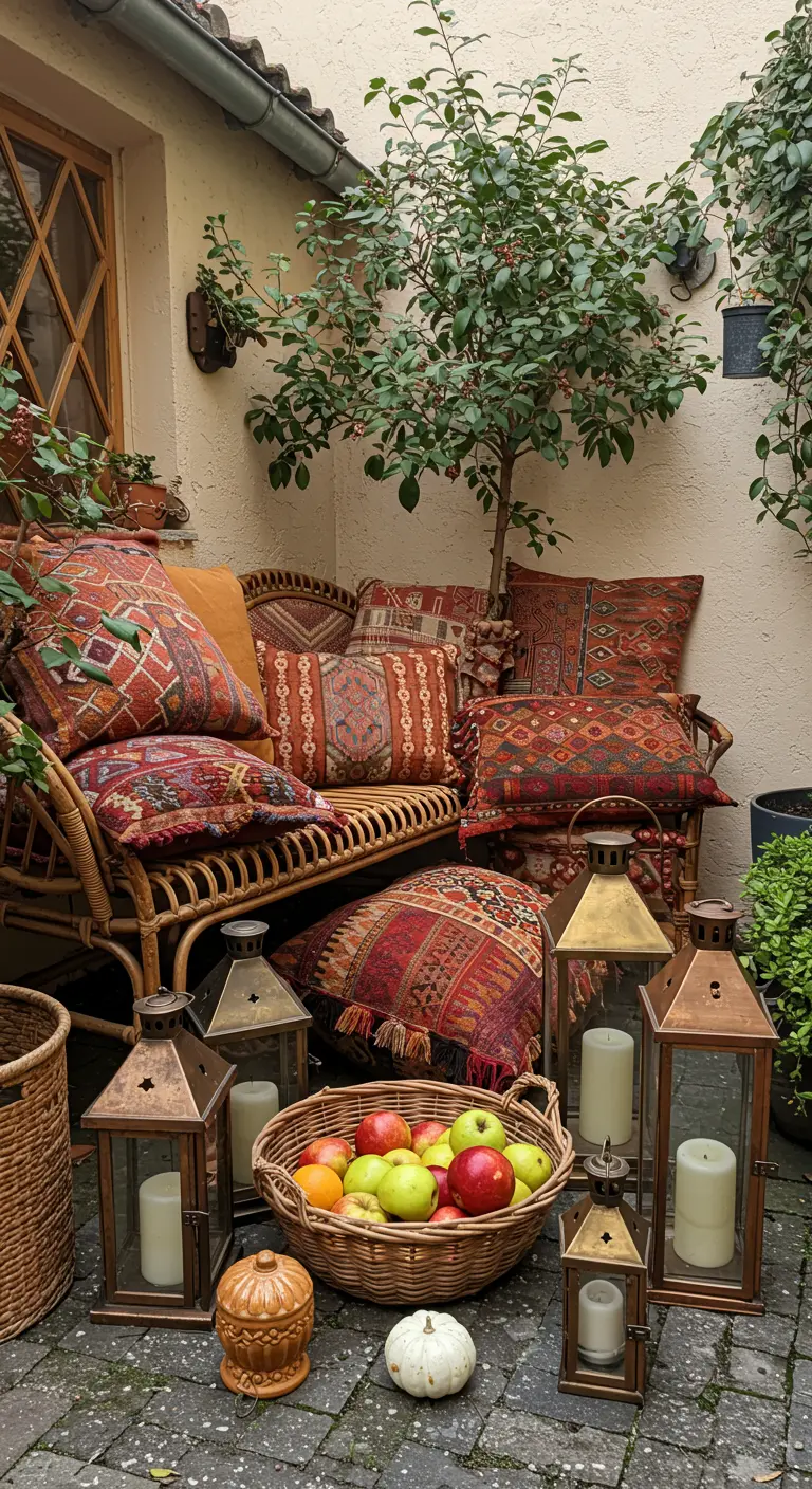 Coin terrasse avec un banc en rotin couvert de coussins ethniques et entouré de lanternes.