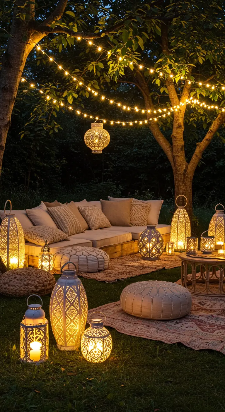 Coin salon de jardin bohème avec des lanternes ajourées et des guirlandes lumineuses dans les arbres.