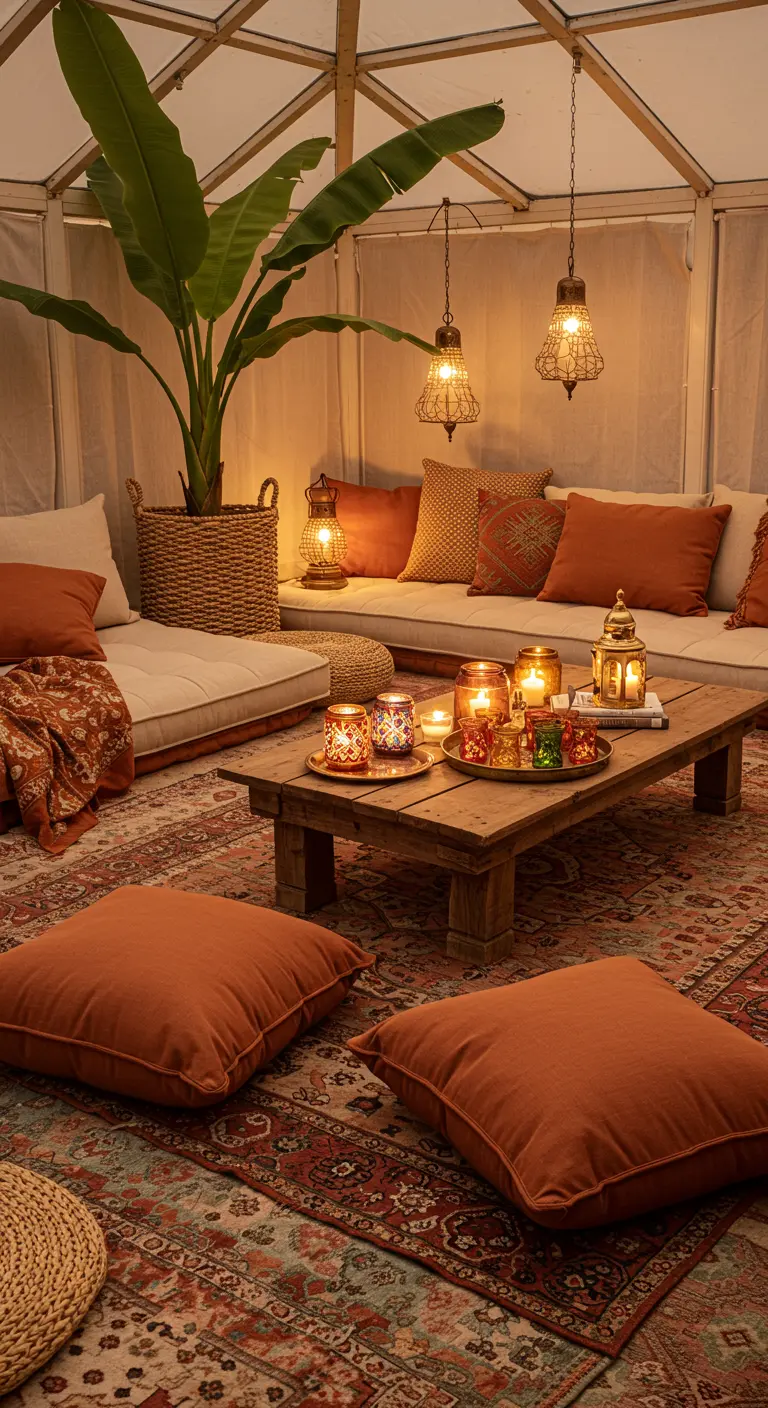 Ambiance cosy sous une tente avec canapés bas, coussins et lanternes