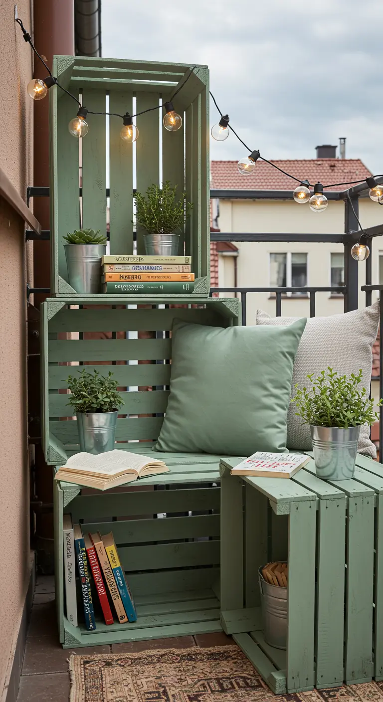 Coin lecture sur un balcon fait de caisses en bois peintes en vert sauge.