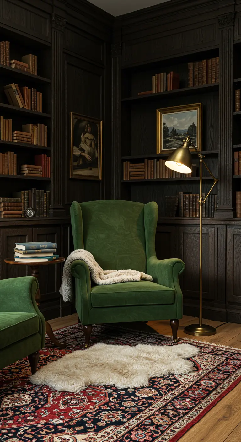 Coin lecture avec bibliothèque sombre, fauteuil en velours vert et tapis persan.