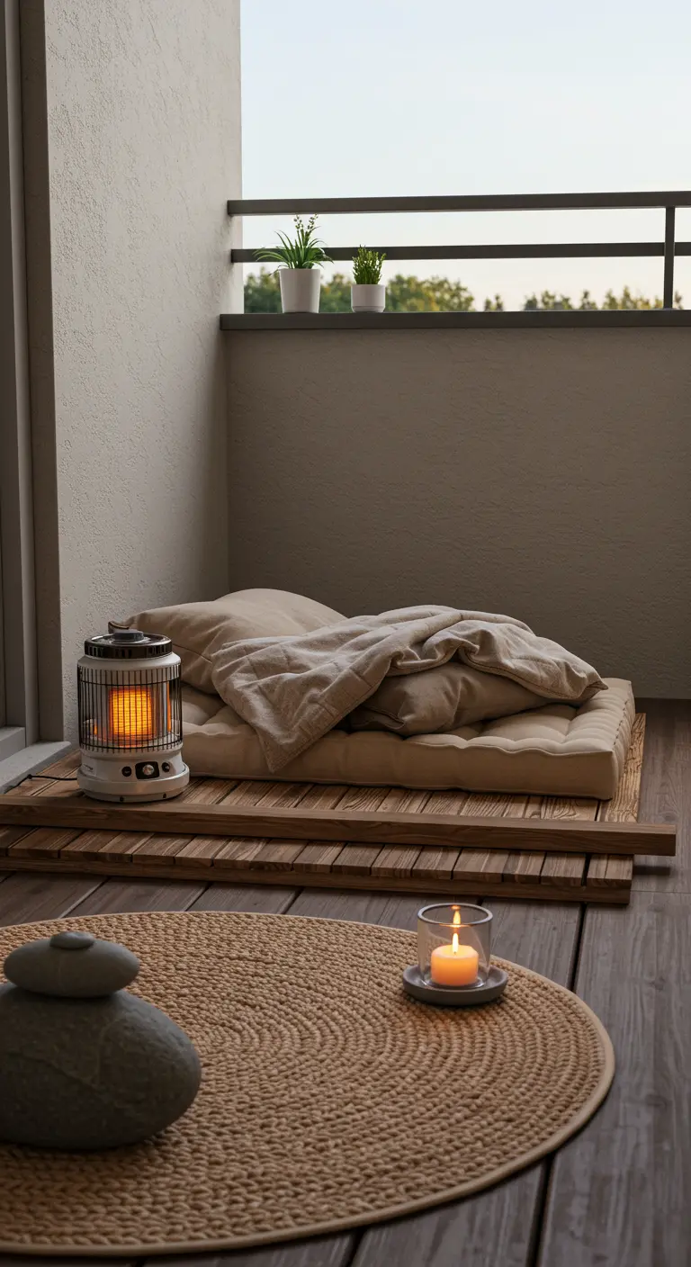 Balcon zen avec matelas au sol, chauffage d'appoint et tapis en jonc de mer.