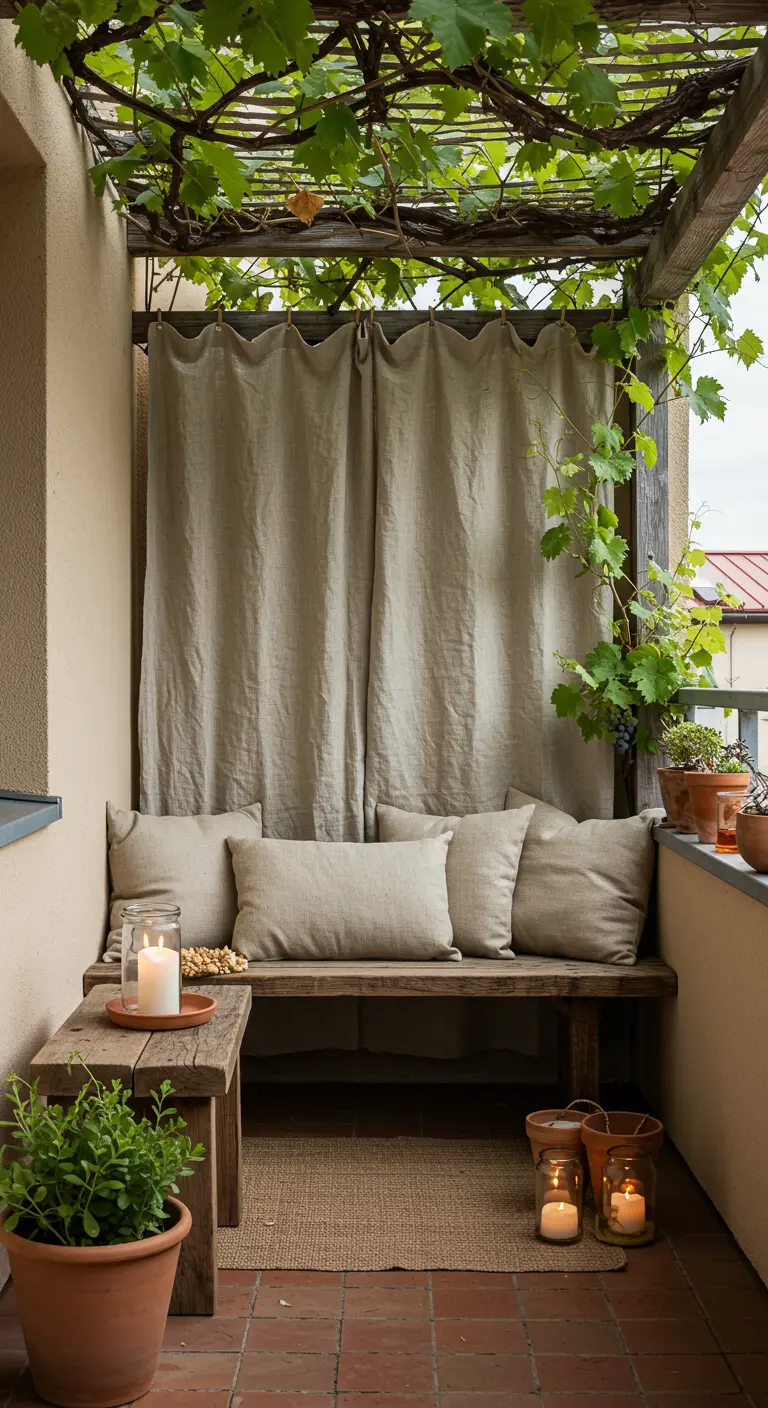 Balcon cosy avec un banc en bois, des coussins en lin et une pergola avec de la vigne.