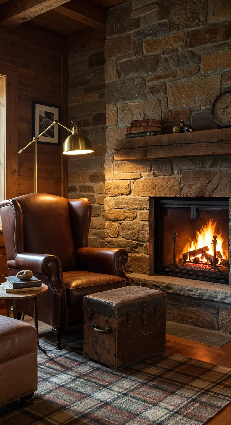 Fauteuil en cuir marron près d'une cheminée en pierre avec un feu crépitant.