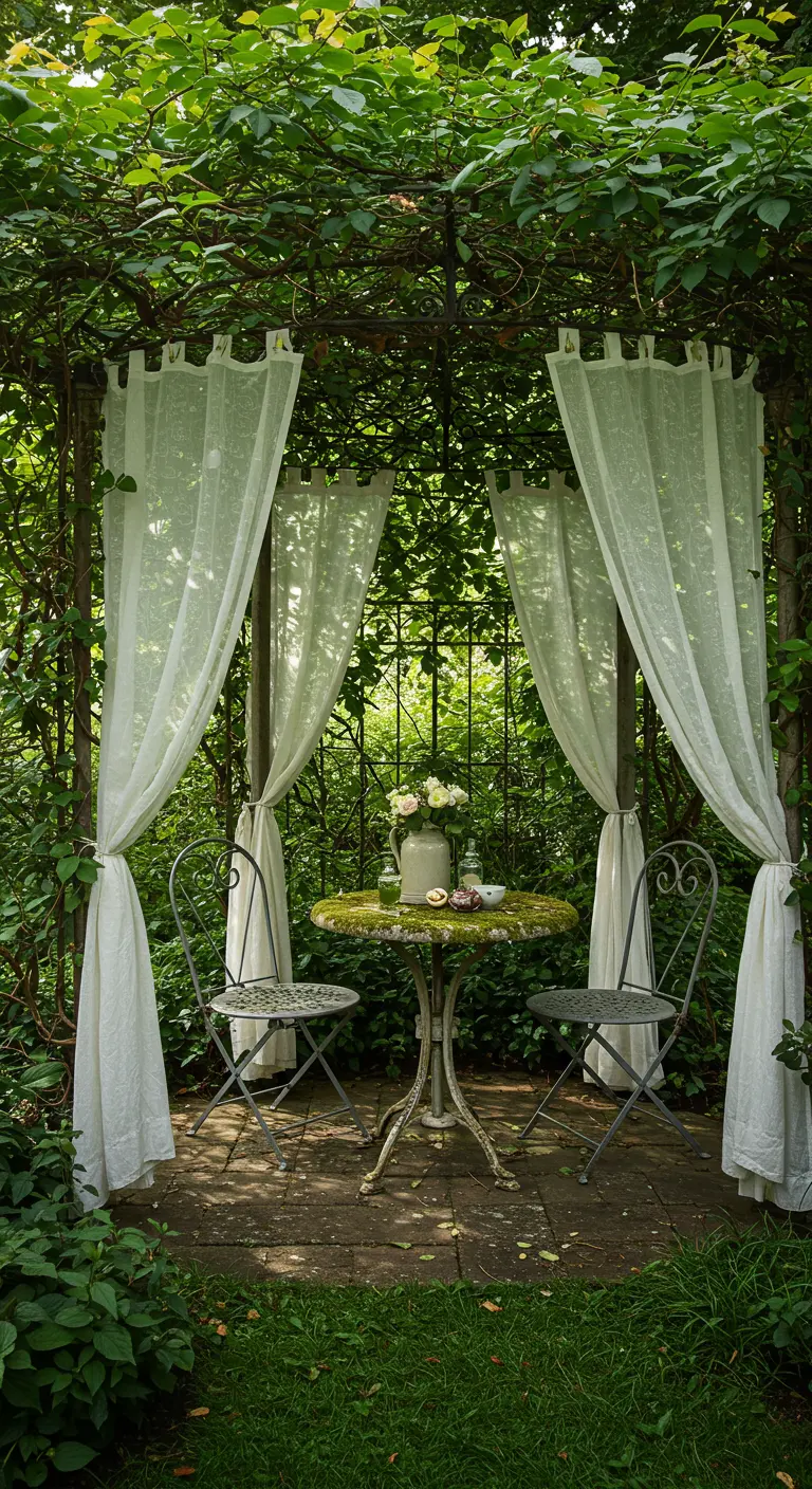 Petite pergola envahie par la verdure avec une table de bistrot